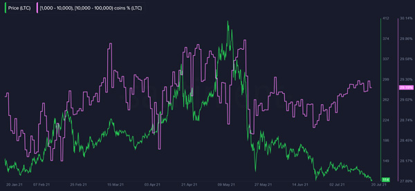 نمودار قیمت لایت کوین (خط سبز). نمودار موجودی نهنگ‌های لایتکوین به درصد (خط بنفش)