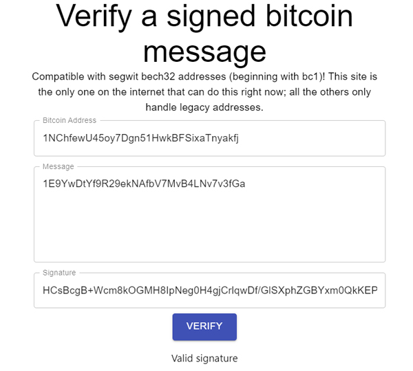 امضا بیتکوین توسط سایت verifybitcoinmessage.com نیز تایید شده است.