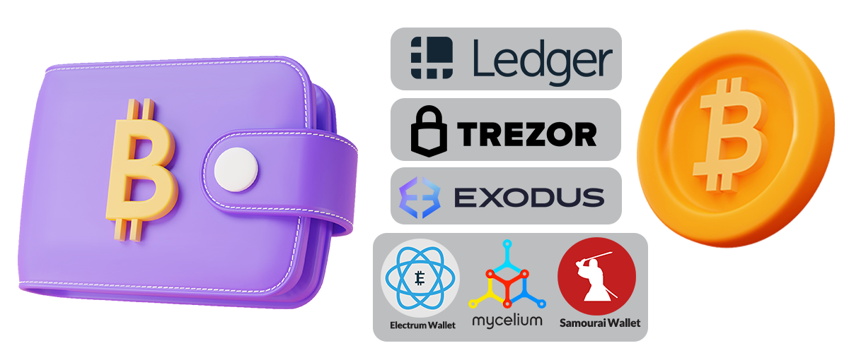 Ledger Nano X, TREZOR Model T, EXODUS, Electrum, Mycelium, coinomi and Samourai Wallet